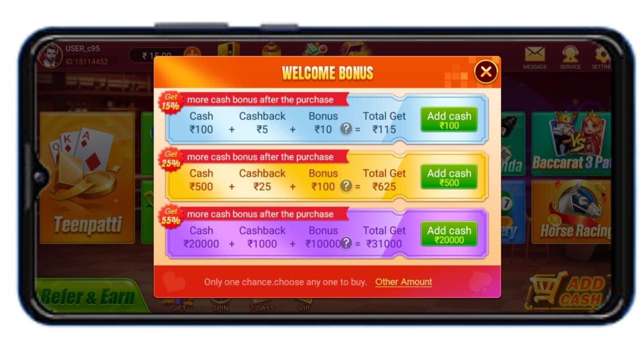 Teen patti reality app add cash process